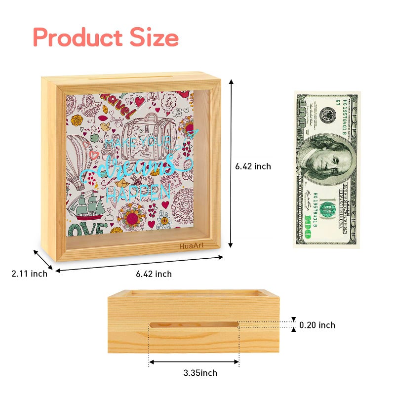HuaArt Piggy Bank for Kids. Wooden Money Coin Bank for Boys and Girls. Coin Bank Money Bank. Natural Wood Money Box. Printed on The Plexiglass Front-Make Your Dreams Happen. - Image 2